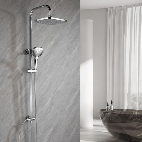Douche à effet pluie, sans robinet, chromée, avec douche à effet pluie ronde de 25 cm et pommeau de douche à 3 types de jets, système de douche sans robinet, hauteur réglable de 79 à 128 cm (1/5)