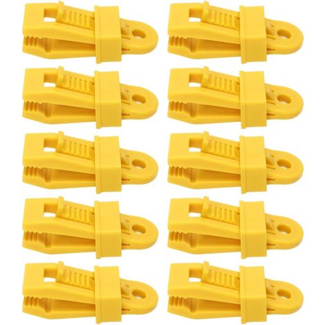 Packung mit 10 robusten Planenclips für Campingzelte und Markisen, gelb.