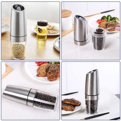 1 Moulin à poivre, Acier inoxydable, Broyage automatique, Lumière LED bleue, Cuisine (1/4)