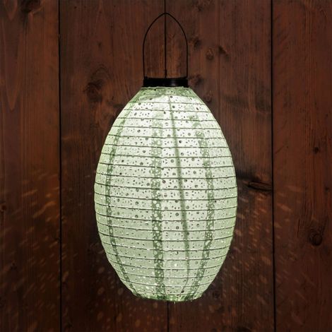 LED Solar Textil Lampion oval hell grün - 32 cm - Garten Deko Beleuchtung warm weiß