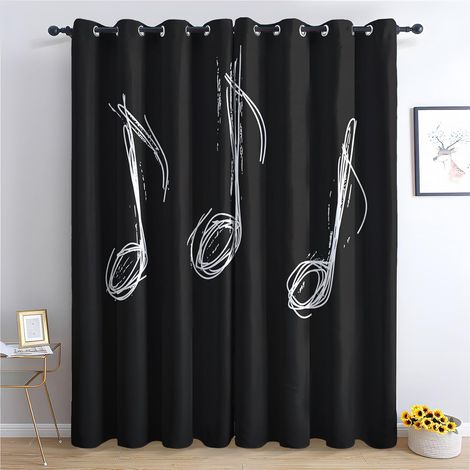 Rideau Occultant Musique - Décoration Notes Musique, Rideau Thermique Motif Noir et Blanc, Lot de 2 Rideaux Opaque à Oeillets pour Fenetre Chambre Salon Chambre Enfant, 140x160 cm (LxH) Q479 - 2x L 14 (1/5)