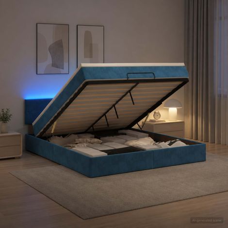Lit coffre avec matelas et LED Bleu foncé 140 x 200 cm Velours (1/5)