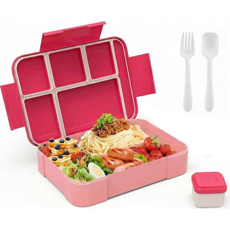 Cette boîte à bento à six compartiments est fournie avec des couverts et des bols à sauce. Sans BPA, hermétique et compatible avec le micro-ondes, elle est idéale pour le travail, les pique-niques et  (1/5)