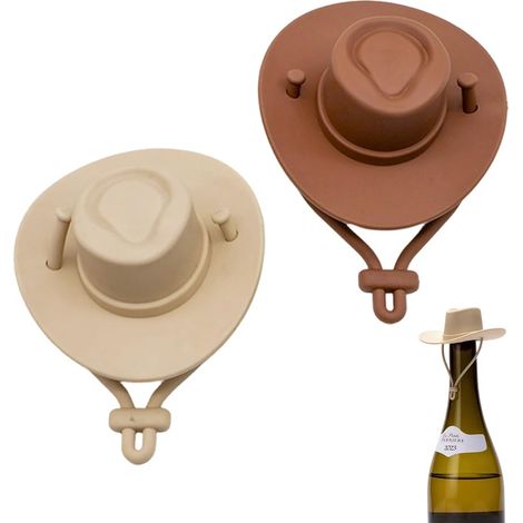 2 Pièces Bouchon de Bouteille Vin Chapeau Cowboy Silicone à Vin Silicone Bouchon de Chapeau Melon Accessoire Bouteille pour Fête Bière Festival (Kaki + Brun) (1/5)