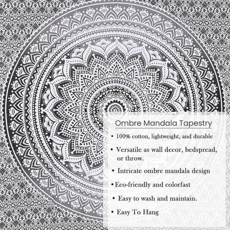 Indie Tapisserie murale en coton Mandala Décoration murale Tapis esthétique Décoration de 230L x 220l cm Gris et blanc, (1/5)