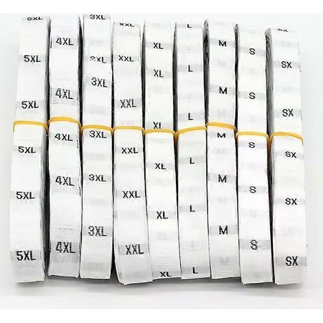 Étiquettes de taille - 10 rouleaux d'étiquettes en tissu polyester pour vêtements, 3,2 x 1,2 cm, blanches, tailles XXXX/4XL (1/3)