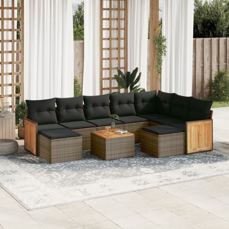 Ensemble Salon Jardin Modulaire 8 Places avec Coussins Gris Résine Tressée et Plateau Acacia (1/5)