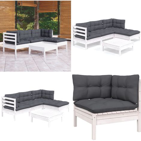 5-tlg. Garten-Lounge-Set mit Kissen Weiß Kiefernholz - Garten Lounge Set - Kiefernholz Möbel - Outdoor Möbel - Gartenmöbel - Esszimmergarnitur - Home & Living (1/5)