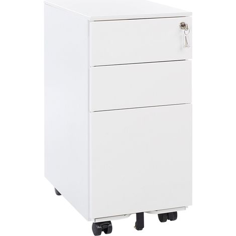 Armario de almacenamiento de metal blanco con 3 cajones ruedas con cerradura con llave estilo industrial moderno Bolsena II