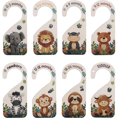 8pcs Séparateurs de Penderie pour Bébé, Organiseur en Bois Penderie Bébé du Nouveau-né à 24 Mois Décoration Chambre d'Enfant Style Forêt Séparateurs Double Face pour la Maison (Animal) (1/5)
