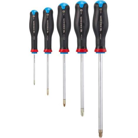 Facom – Jeu de tournevis Pozidriv Protwist 5 pièces – Empreinte tête 1.2 – Longueur 100mm – Pour bois dur et teck