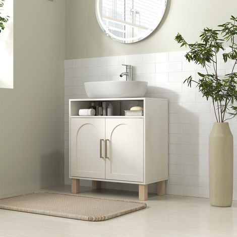 Meuble vasque 2 portes avec tablette ajustable, 60x30x63 cm, blanc, pour salle de bain (1/5)