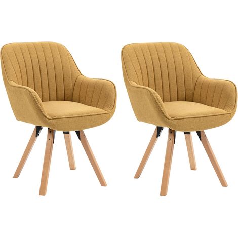Meuble Cosy Lot de 2 Chaise Salle à Manger Fauteuil Coiffeuse Siège Pivotant avec Accoudoirs pour Chambre Salon Cuisine Bureau, Rembourré en Tissu Pieds en Bois Massif, Jaune, 60x58x83cm (1/5)