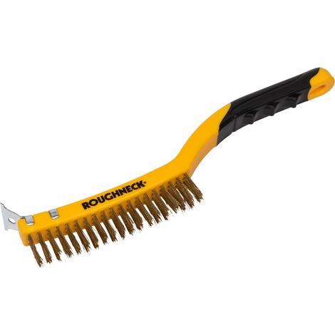 Roughneck Brass Wire Brush with Soft Grip and Integrated Scraper, 355mm (14-inch), 3-Row Bristle Configuration