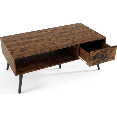 Table basse avec tiroir et étagère de stockage 109 x 55 x 44 cm moderne rétro en bois de pin marron