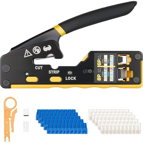 Mophorn Pinza Crimpatrice per Cavi Ethernet RJ45/RJ11/RJ12, Set di Crimpatura per Connettori Modulari a 4/6/8 pin, con Mini Spelafili, 50 Connettori, 50 Guaine, Lame e Tester per Cavi di Rete (1/5)