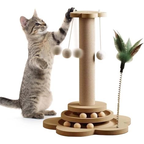 Rouleau de Jeu en Bois 4 en 1 pour Chat, Plateau Rotatif à 2 Niveaux, Jouet Interactif en Bois avec Plumes et Balles à l'herbe à Chat, 40cm Griffoir en Corde de Sisal avec Balle Suspendue (L) (1/5)