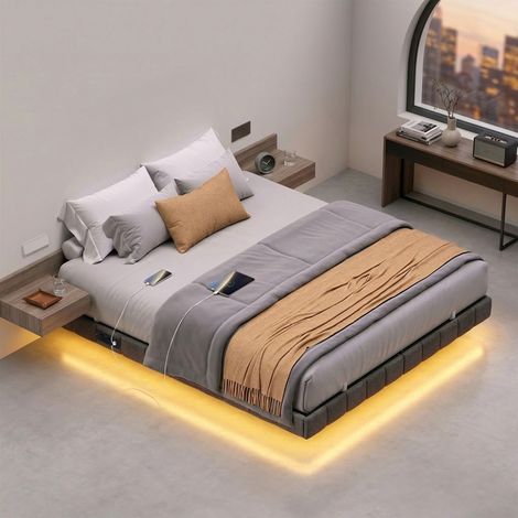 Cadre de Lit Double 180 x 200 cm, LED Intégrée, Multiprise, Effet Flottant, Ports USB, Chambre, Gris