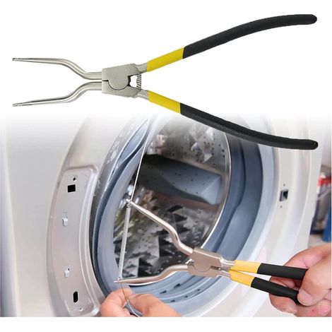 28 cm (11 Zoll) lange Sprengringzange mit gelb-schwarzem Griff, kunststoffbeschichteten geraden und abgewinkelten Köpfen zur Demontage von Waschmaschinen – manuelles Werkzeug (1/5)