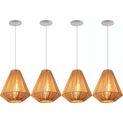 4x Lustre Suspension Industriel,E27 Lampe de Plafond en Rotin et Métal Abat-jour Design Géométrie Rétro pour Salon Chambre (1/5)