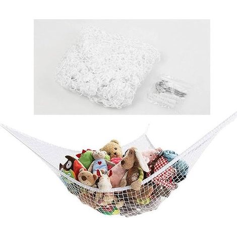 Amaca per riporre giocattoli, amaca contenitore, rete porta giocattoli per amaca, ganci integrati, materiale: rete di poliestere (1/5)