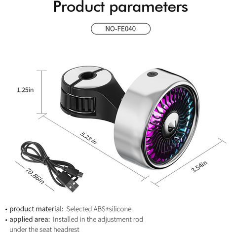 Car Backseat Fan – 3 Speeds, Colorful LEDs, 12V USB Port, Silver (1/2)