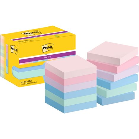 PACK 12 BLOCS 90 HOJAS NOTAS ADHESIVAS 47,6X47,6MM SUPER STICKY COLECCIÓN SOULFUL CAJA CARTÓN 622-12SS-SOUL POST-IT 7100290159