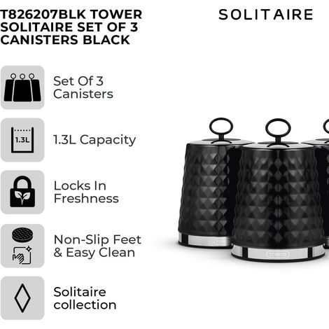 Tower Solitaire Set of 3 Canisters, Mirror Finished Steel Lid, Airtight, Black, Stainless Steel, T826207BLK (1/5)