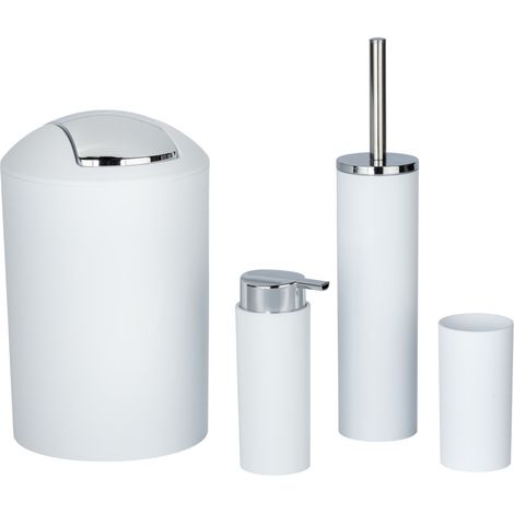 Wenko – Set de 4 accessoires salle de bain – Distributeur de savon liquide – Gobelet brosse à dents – Brosse WC – Poubelle 6,5L – Plastique blanc (1/5)