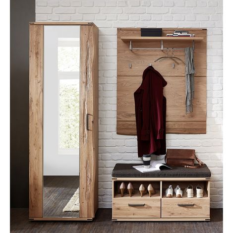 Garderoben Set mit Garderobenpaneel, Sitzbank und Garderobenschrank in Eiche teilmassiv BESKO-55 (1/5)