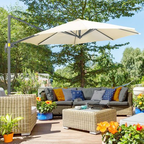 Parasol de jardin décentré 3 x 2,5 m avec angle réglable et rotation à 360°. Couleur crème.