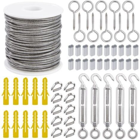 2-mm-Metallseil-Aufhängungsset, 30 m Edelstahlseil mit Spannschloss, Augbolzen, Aluminiumhülsen und Rändelösen, 56-teilig