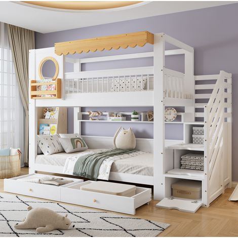 Etagenbett Kinderbett mit Treppenschrank 90x200 Holz OKMYHOME (1/5)