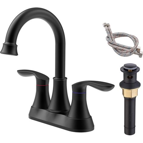 Robinet de lavabo de 15 cm (6 po), 2 poignées pivotantes à 360°, entraxe standard, noir mat, avec bonde escamotable (1/5)
