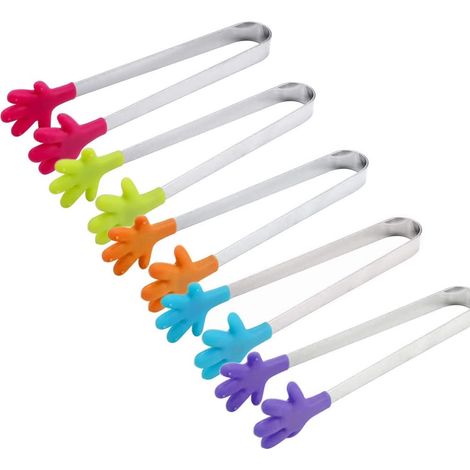 5 mini pinzas para hielo de acero inoxidable con mango de silicona antideslizante para pinzas de cocina, carpeta de alimentos pequeña palma.
