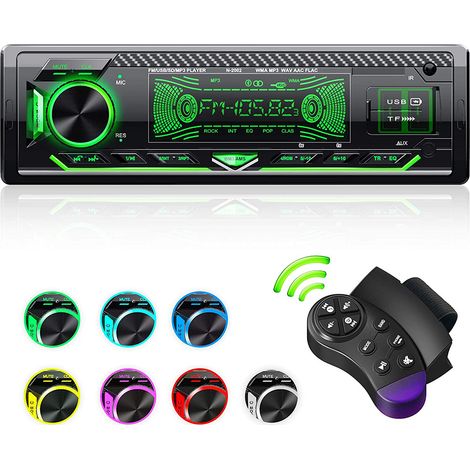 1 unité Autoradio 1 DIN, Bluetooth mains libres, éclairage LED 7 couleurs, entrée AUX/USB, radio FM 87,5–108 MHz, haut-parleurs intégrés (1/5)