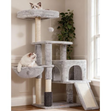 Arbre à Chat, Brosse de Nettoyage Automatique, Arbre à Chat Domestique Robuste avec Peluche Polie, Chaise Longue, Bac à Litière avec Panneaux et Griffoir, Gris Clair HCT005SW (1/5)