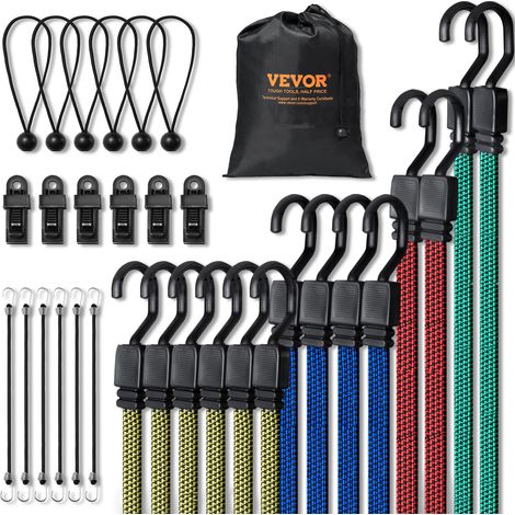 VEVOR 32 Piece Flat Bungee Cord Set, 17 mm Heavy Duty Bungee Straps with A3 Steel J-Hooks, Includes 10", 18", 24", 32", 40", Bungee Rope with Portable Storage Bag, 6 Clips & Canopy Ties (1/5)