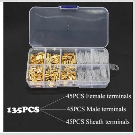 135-teiliges Set gelber Crimp-Elektroverbinder, 2,8, 4,8 und 6,3 mm, mit transparenter Schutzkappe, Stecker und Buchse, Gewicht 0,1 kg (1/3)