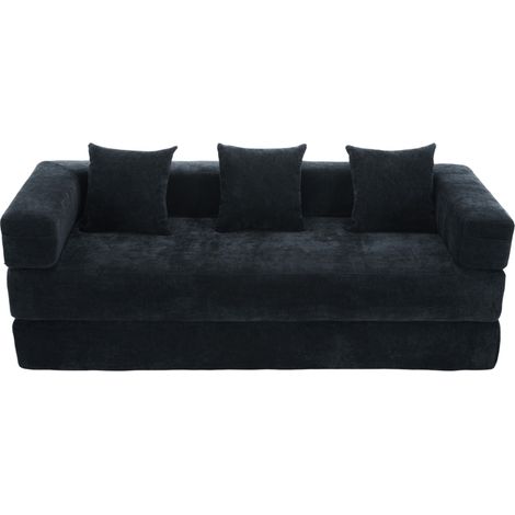 Sofá modular de chenilla negra con bolsillos laterales y base antideslizante (1/5)