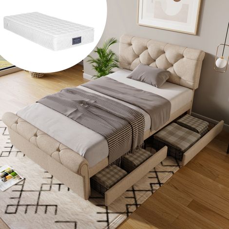 DESVIAE Lit simple rembourré 90 x 200 cm avec 2 tiroirs tête de lit réglable en hauteur tissu naturel matelas à ressorts et mousse inclus (1/5)