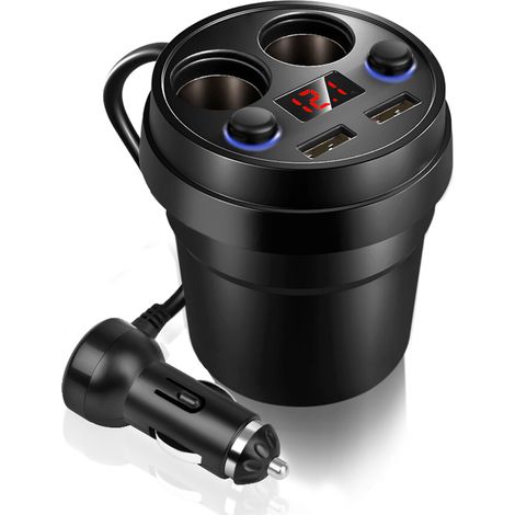 Chargeur de voiture double USB avec câble et allume-cigare multifonction pour téléphone et tablette.