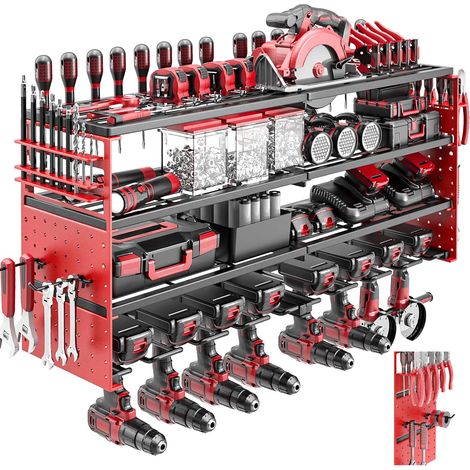 Organisateur mural outils électriques,support tournevis latéral 4 niveaux,8 porte-perceuses,Capacité de 320 livres,Crochets réglables,Roug,Étagère à outils pour garage ou atelier (1/5)