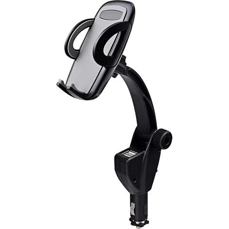 Support de téléphone de voiture, chargeur de voiture double USB 2 en 1 avec support de montage réglable, support universel pour allume-cigare de voiture à 360 degrés (noir) (1/5)