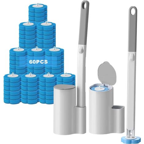 Lot de 2 Brosse WC Jetable, Disposable Toilet Brush,Kit de Barre de WC Murale avec 60 Têtes de Rechange, Sans contact et Peu Encombrant, pour Nettoyage des Salles de Bain, Lavabos et Baignoires (1/5)