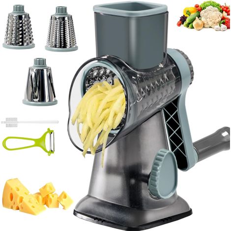 Râpe à Fromage rotative et trancheuse Hachoir à légumes Manuel et déchiqueteuse Mandoline Trancheuse avec 3 Lames de Tambour (1/5)