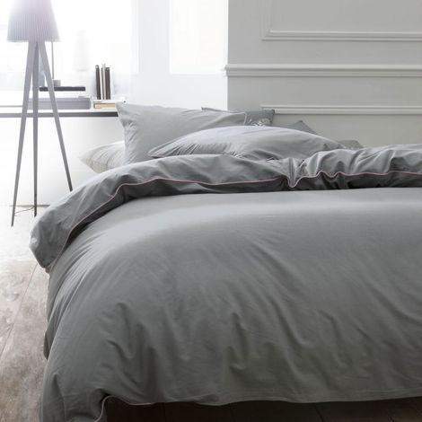 Parure de lit 3 pièces 240x220 cm percale gris et piping vieux rose