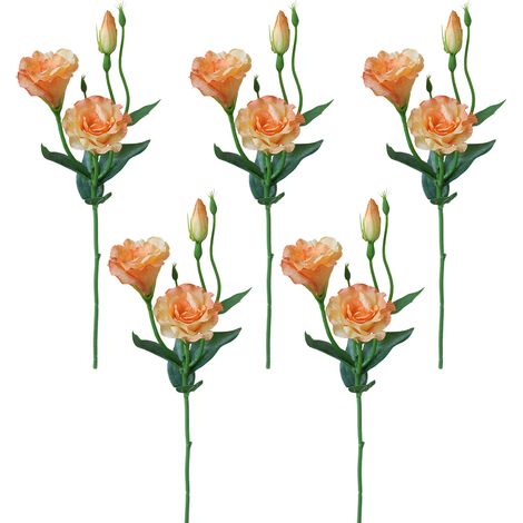 Lot de 5 fleurs artificielles en soie, fausses fleurs d'Eustoma à longue tige, réalistes, orange, pour décoration de mariage, de fête ou d'intérieur. (1/3)