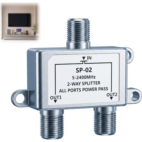 Répartiteur Satellite, Splitter Satellite 2 Voies Antenne TV Splitter TNT avec Connecteurs F Femelle, Répartiteur Sat 2 Sorties Partiteur TV Sat Coaxial 5-2400 MHz 75 Ohms pour TV HD, FM, Dab, Radio (1/5)