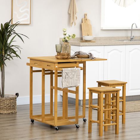Table haut 82,5x75,5x83,5 cm marron et 2 tabourets avec roues, de cuisine pliante avec